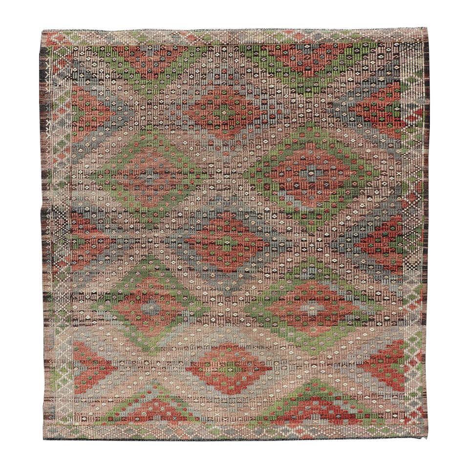 Vintage Turkish Embroidered Rug with Geometric Diamond Design in Green ...