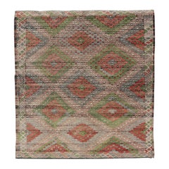 Vintage Turkish Embroidered Flat-Weave Rug with Geometric Design with Green