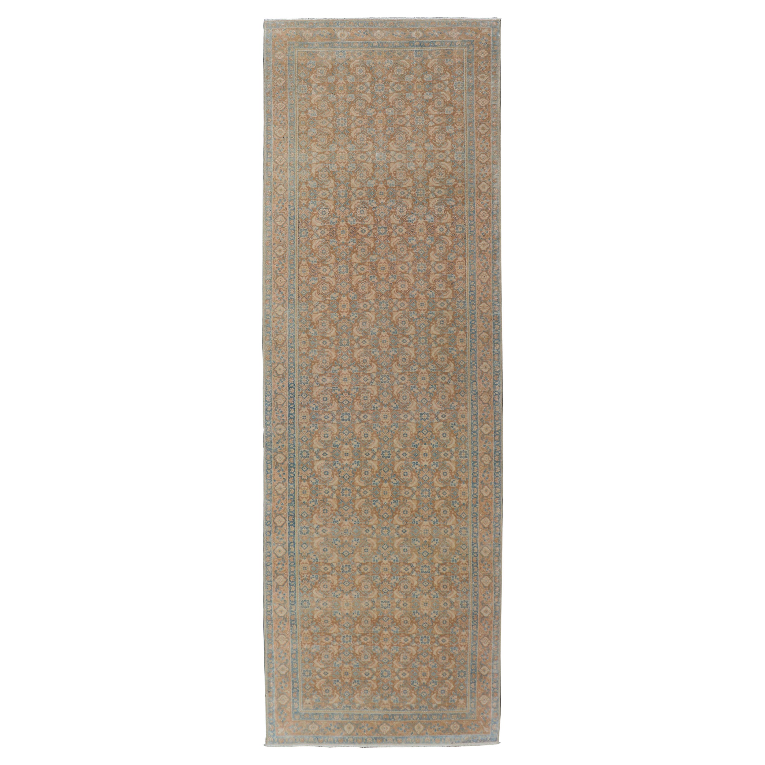 Vintage Persian Tabriz Runner with All-Over Floral Design in Tan and Blue