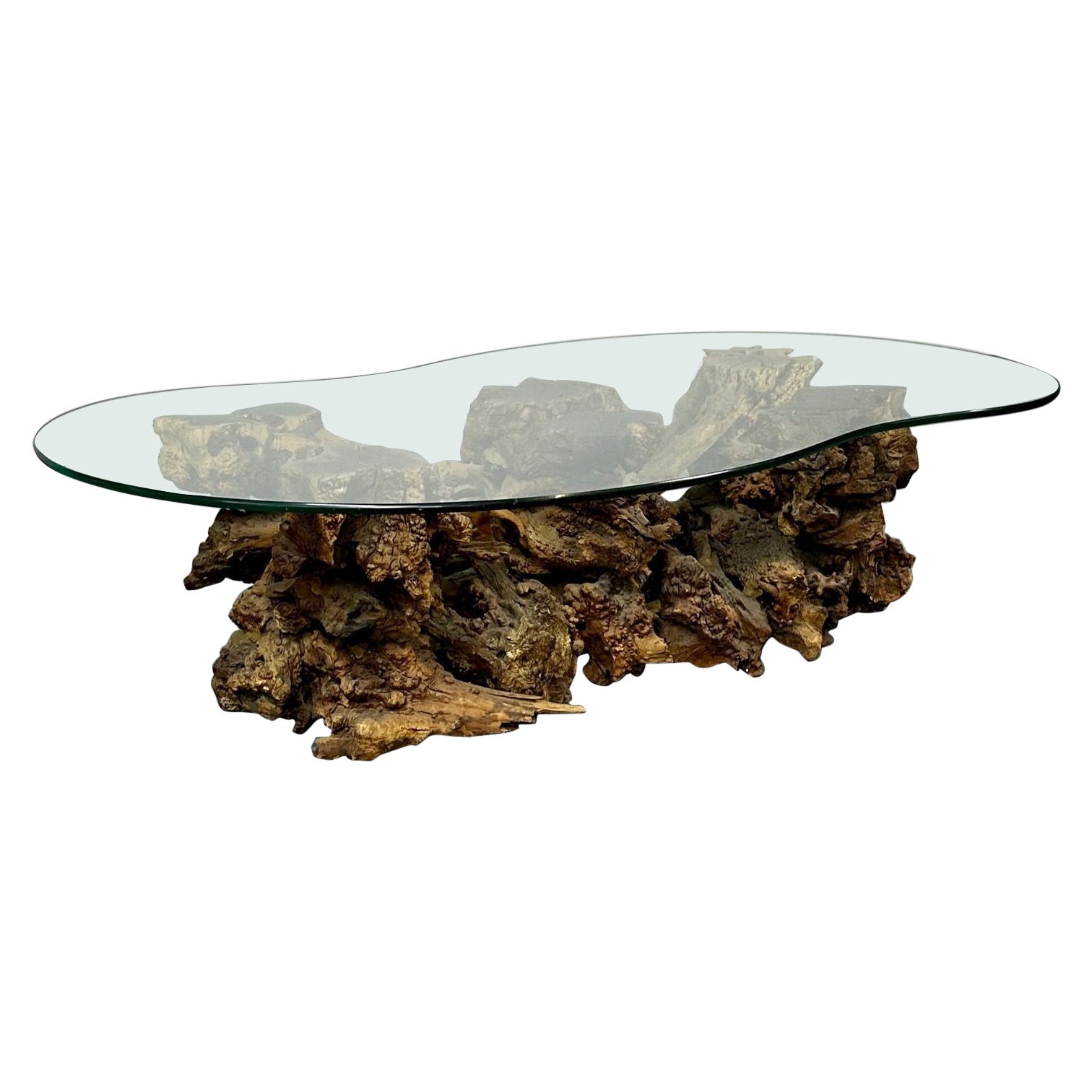 Table basse rustique en bois de rose naturel, forme organique, mi-siècle moderne en vente