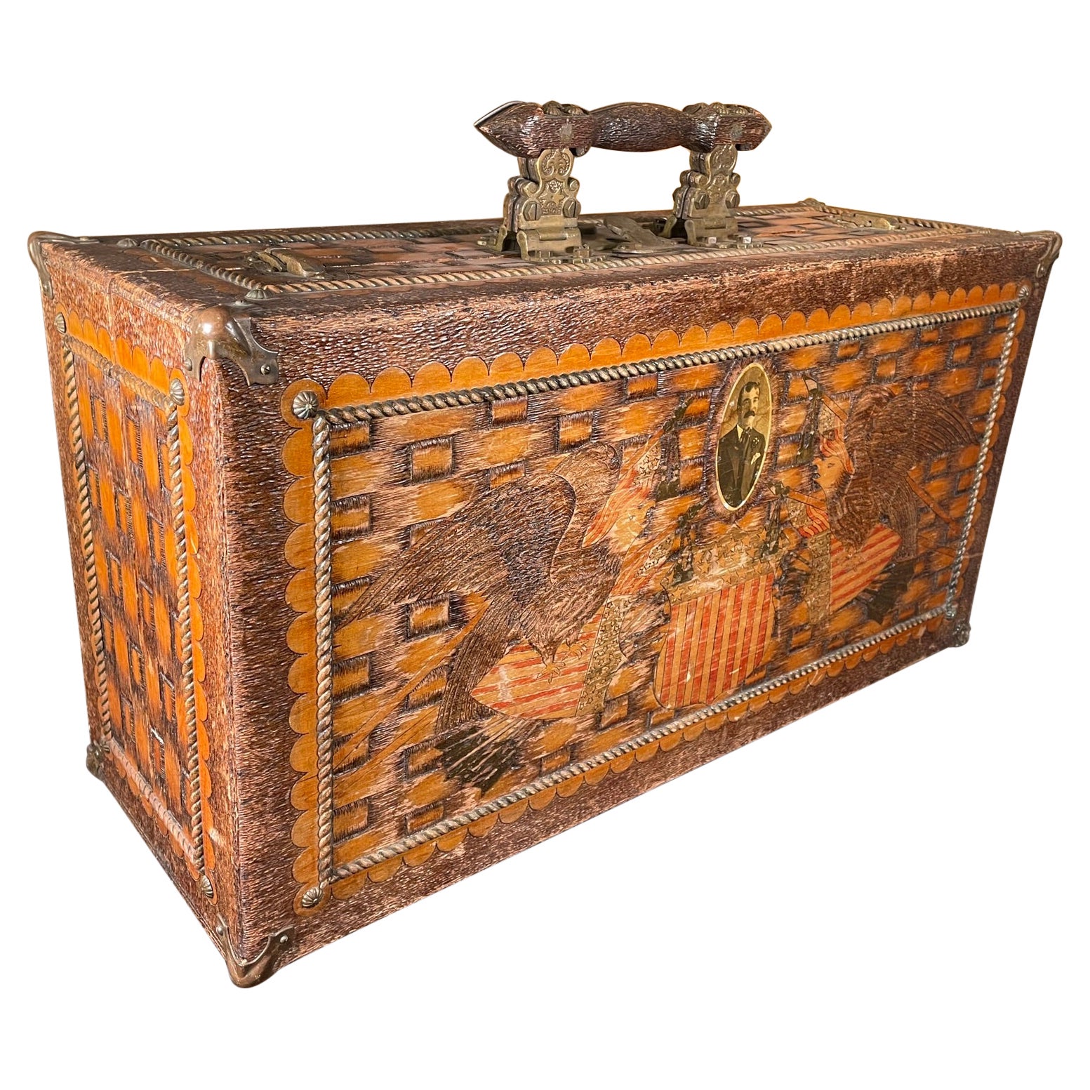 American Antique Folk Art Flying Eagles Heraldic Trunk, 1900