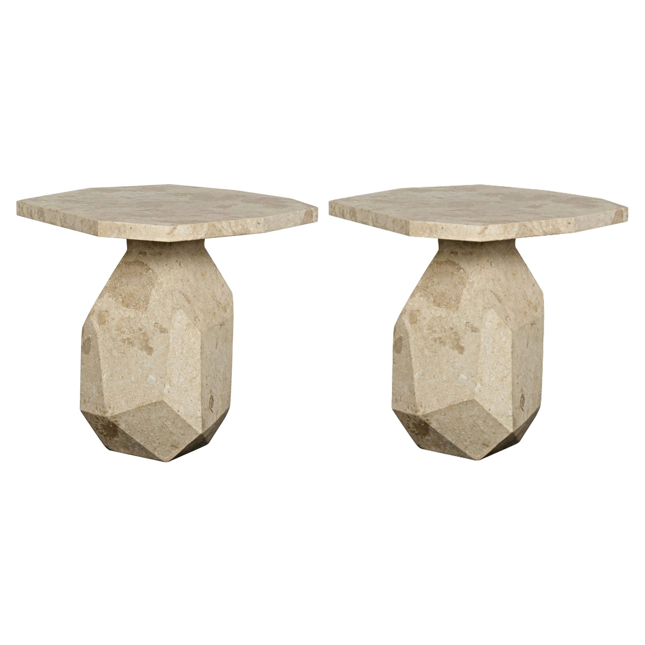 Pair of Modern Polyhedron Marble Side / End Tables by Noir, Organic Form