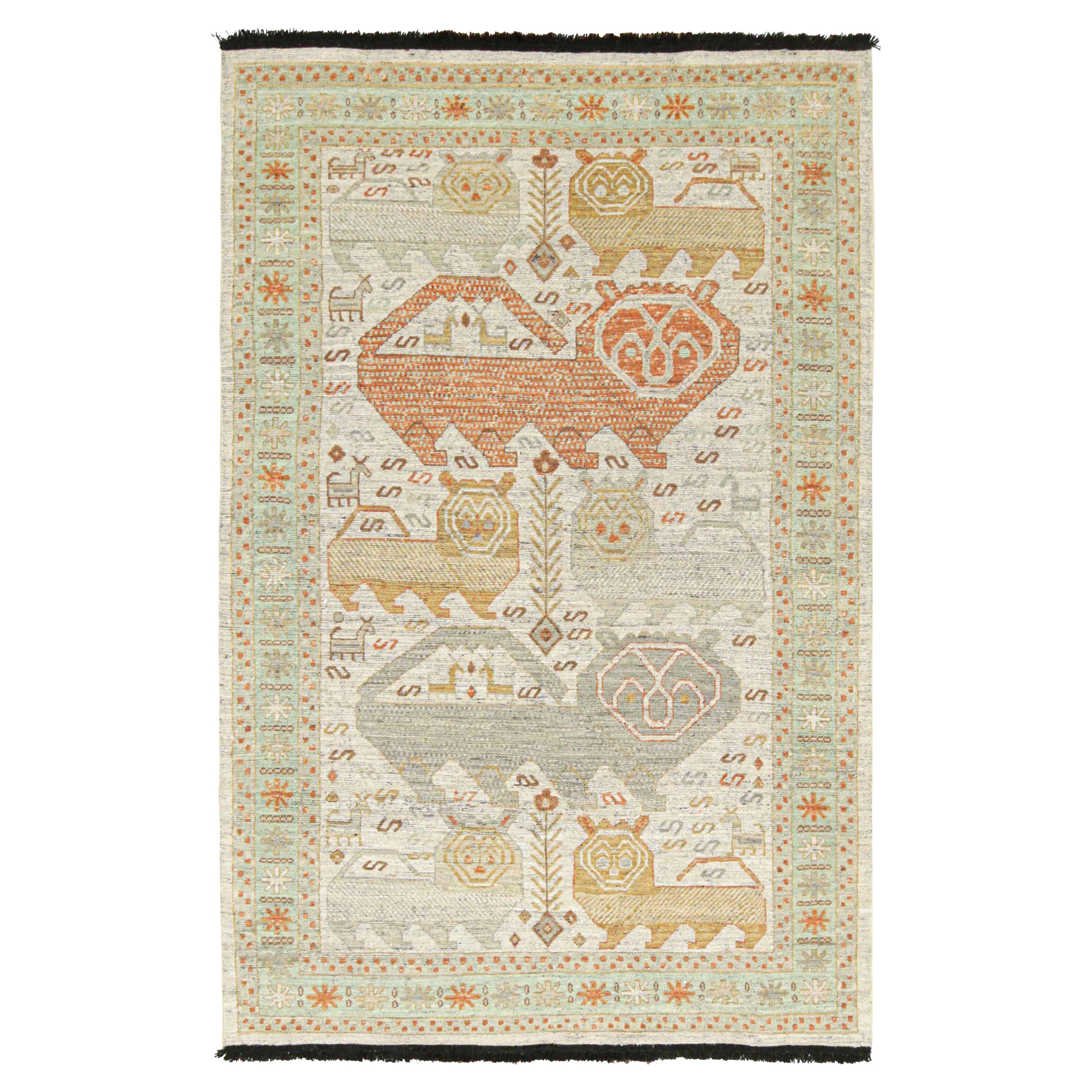 Rug & Kilim’s Tribal Style Rug in Polychromatic Lion Pictorials For Sale