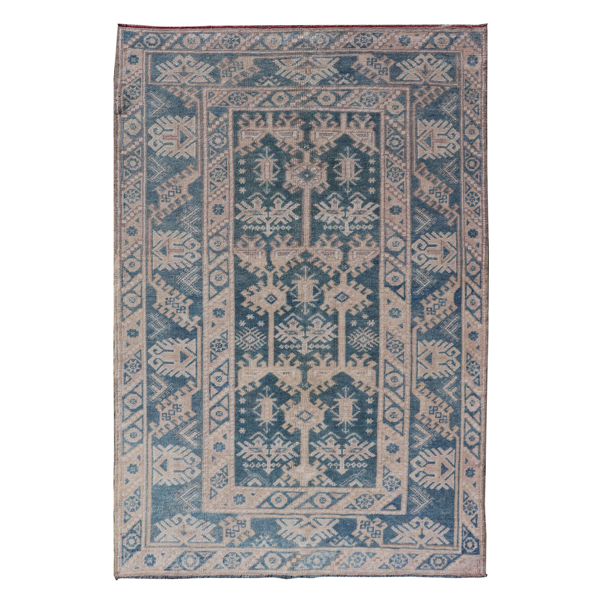 Blue and Cream Turkish Oushak Rug Vintage with All-Over Motif Design For Sale
