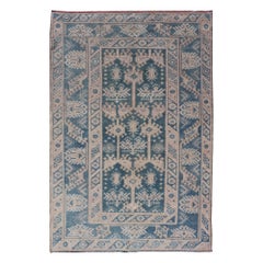 Blue and Cream Turkish Oushak Rug Vintage with All-Over Motif Design