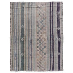 Vintage Turkish Embroidered Kilim in Stripes in Shades of Gray, and Light Green