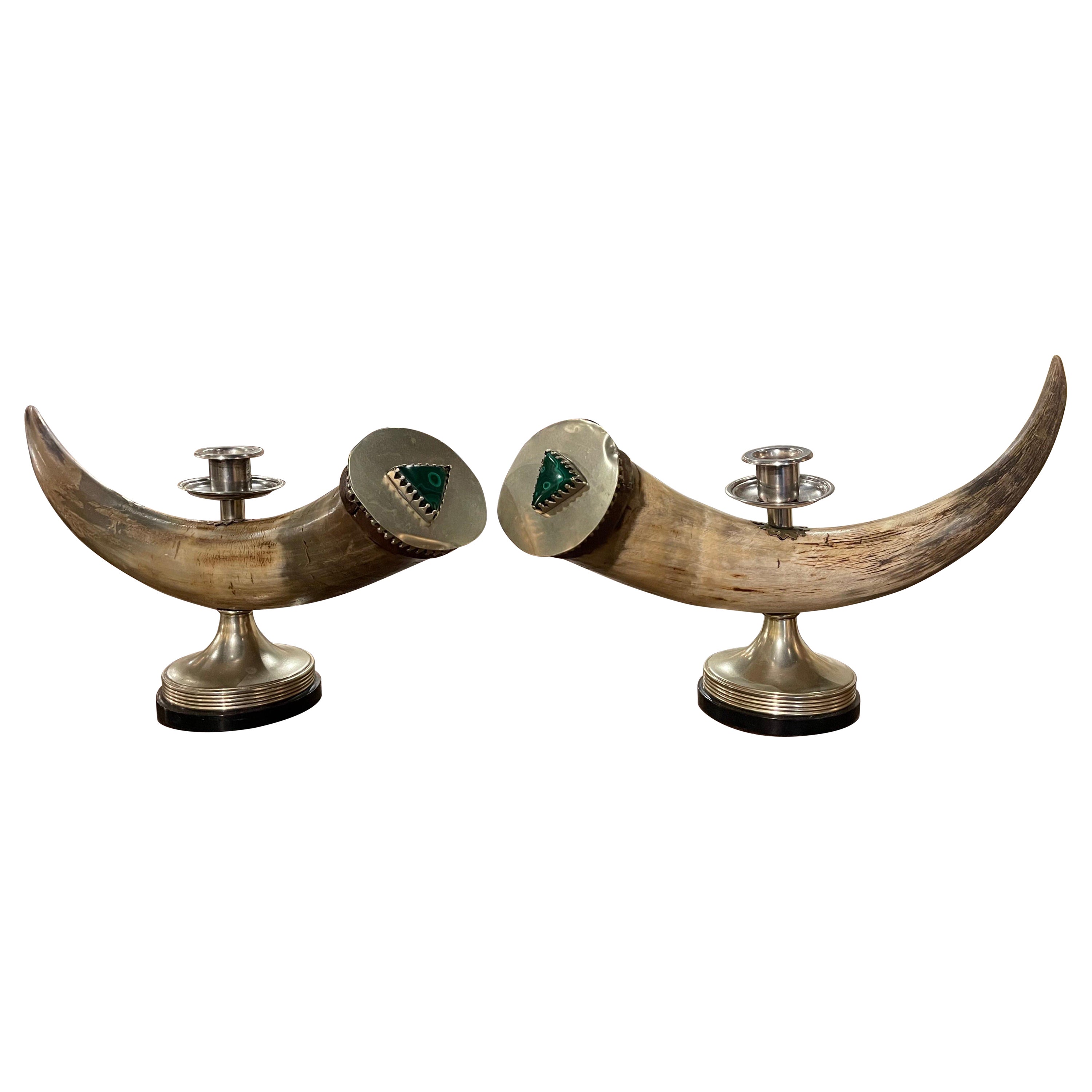 Pair of Mid-Century French Silver-Plated and Horn Table Candlesticks