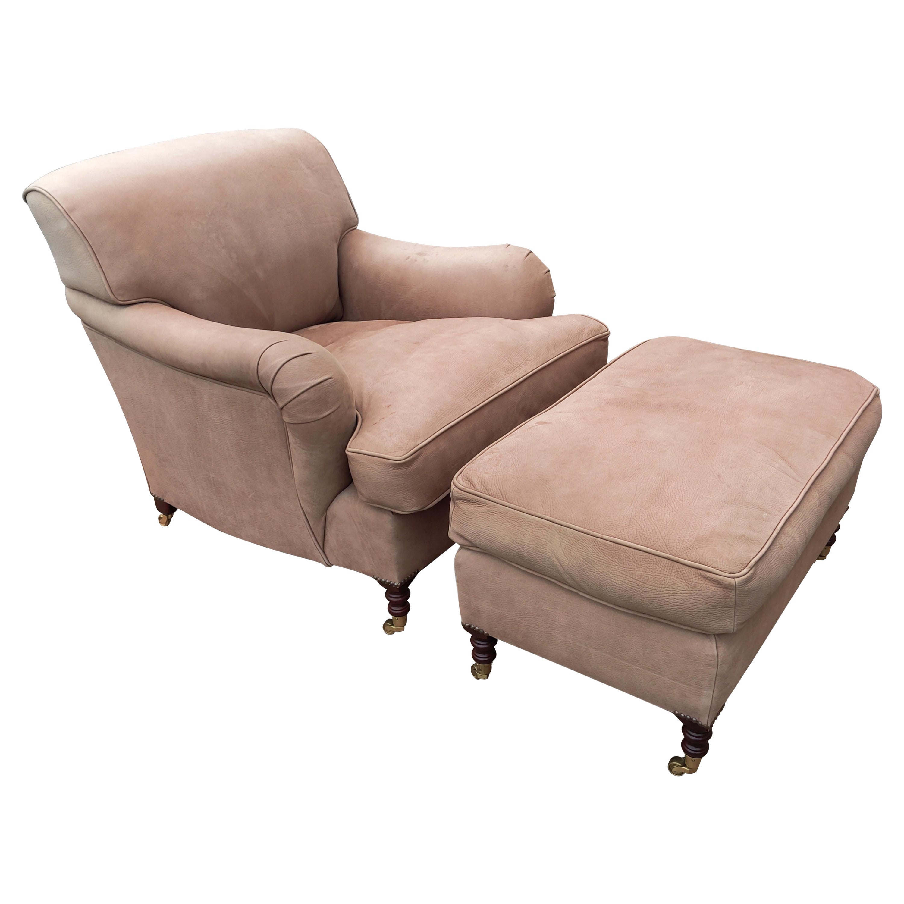 George Smith Distressed Light Beige Leather Armchair Club Chair with Ottoman