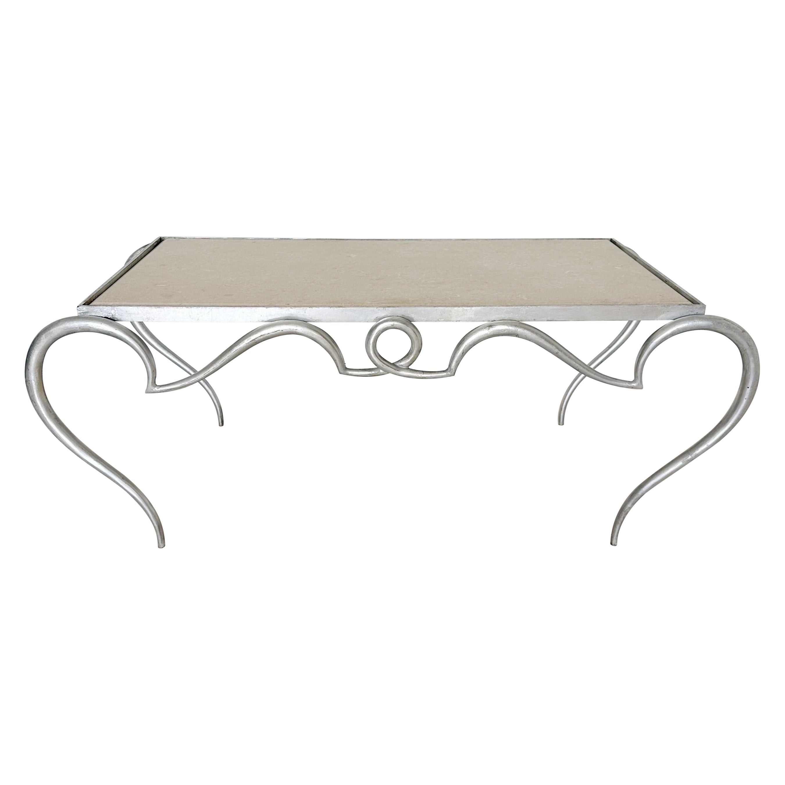 Rene Prou Silver Leaf Iron Scroll Coffee Table For Sale