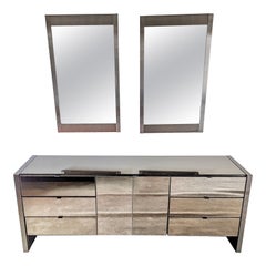 Ello Credenza in Gunmetal Stainless & Smoked Mirror with Pair Wall Mirrors