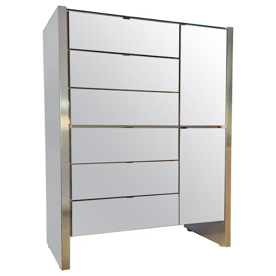 Ello Gunmetal Stainless & Smoked Mirror Tall Boy Dresser For Sale