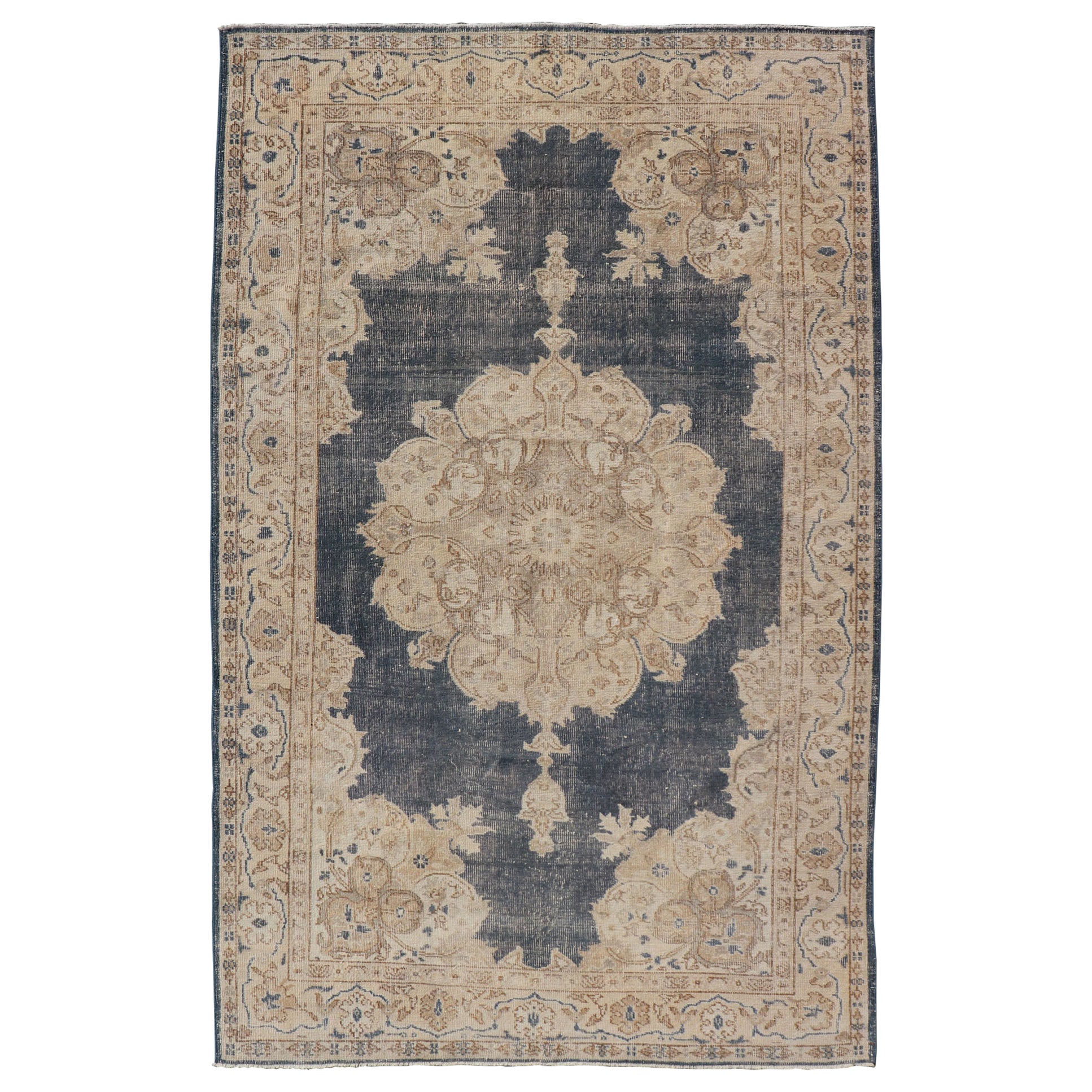 Distressed Turkish Carpet with Floral Design in Blue, Tan, Taupe, and Cream