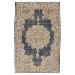 Distressed Turkish Carpet with Floral Design in Blue, Tan, Taupe, and Cream