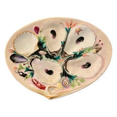 Antique American "UPW" Pink with Sea Life Porcelain Shaped Oyster Plate Ca 1880