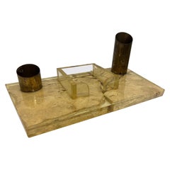 Vintage Brazilian Mid-Century Resin Encased Travertine Desk Organizer, 1970s