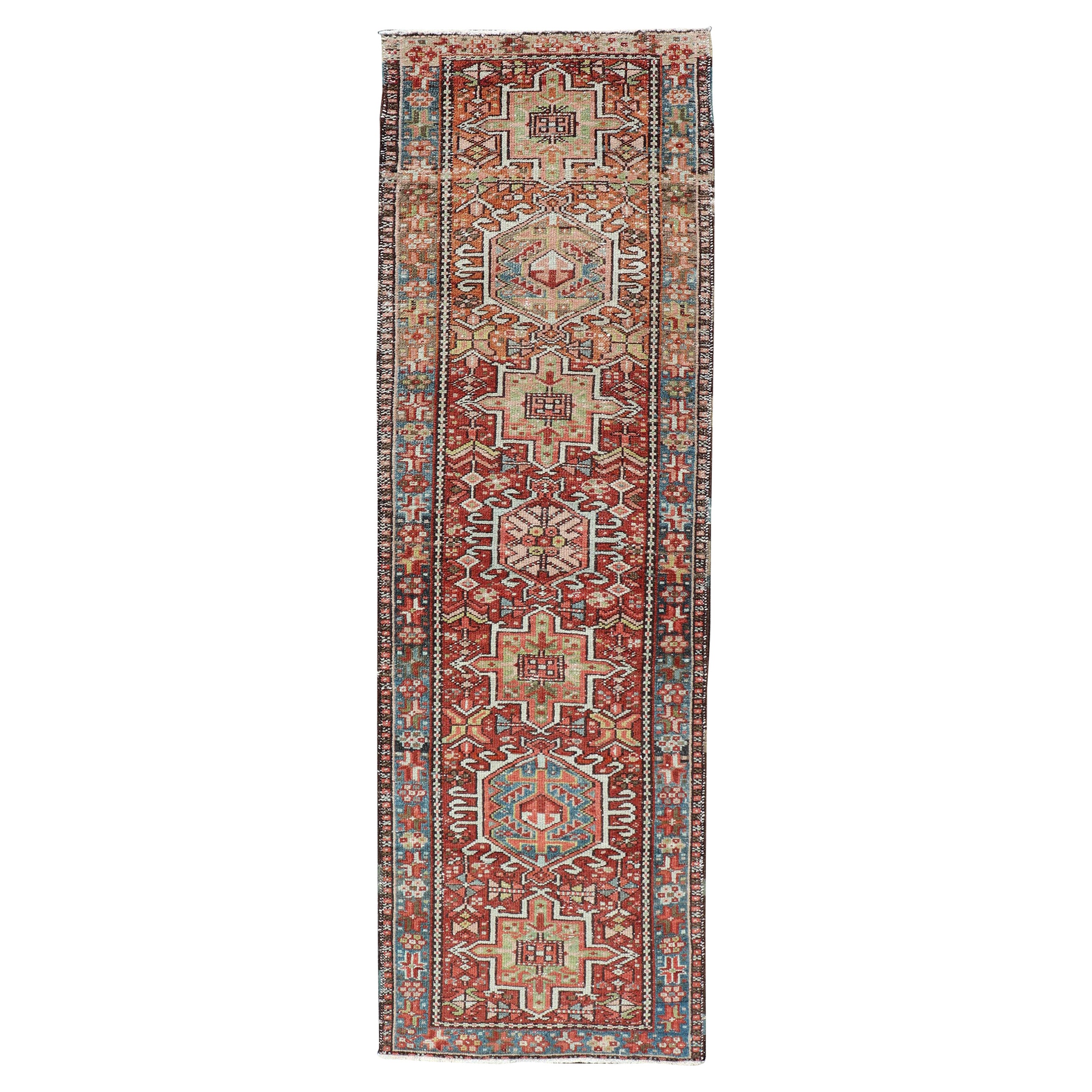 Persian Antique Heriz Distressed Small Runner with Geometrics in Multi-Color
