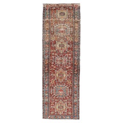 Persian Antique Heriz Distressed Small Runner with Geometrics in Multi-Color