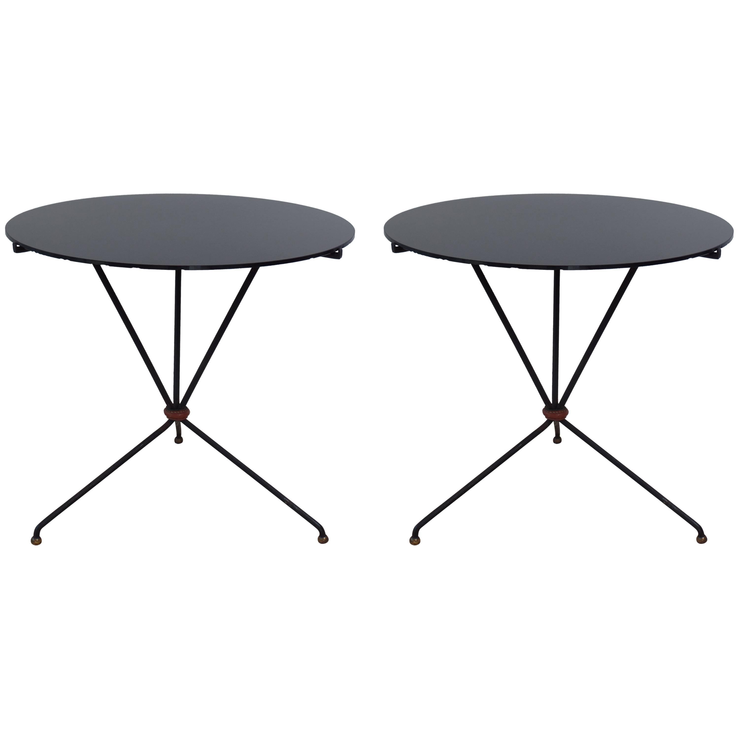 Pair of French Mid-Century Iron and Leather Banded Side Tables, Jacques Adnet For Sale