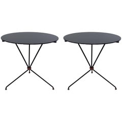 Pair of French Mid-Century Iron and Leather Banded Side Tables, Jacques Adnet