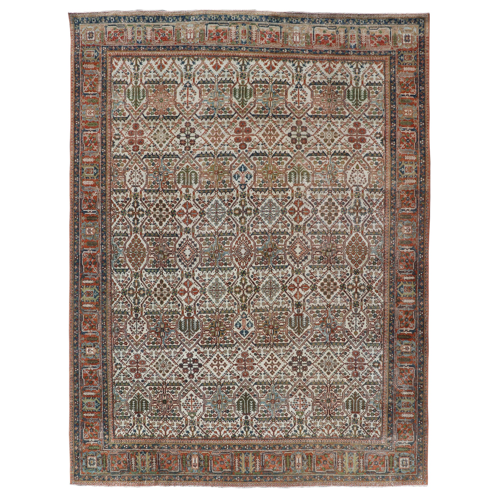 Antique Persian Joshegan Rug in Ivory Background With Blue, Green, & Copper 