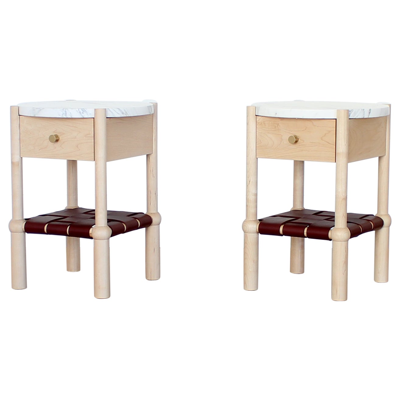 In Stock Mae Side Tables with Marble Top and Woven Leather Shelf 
