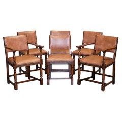Set of Six Traditional Country House Brown Leather Oak Dining Chairs