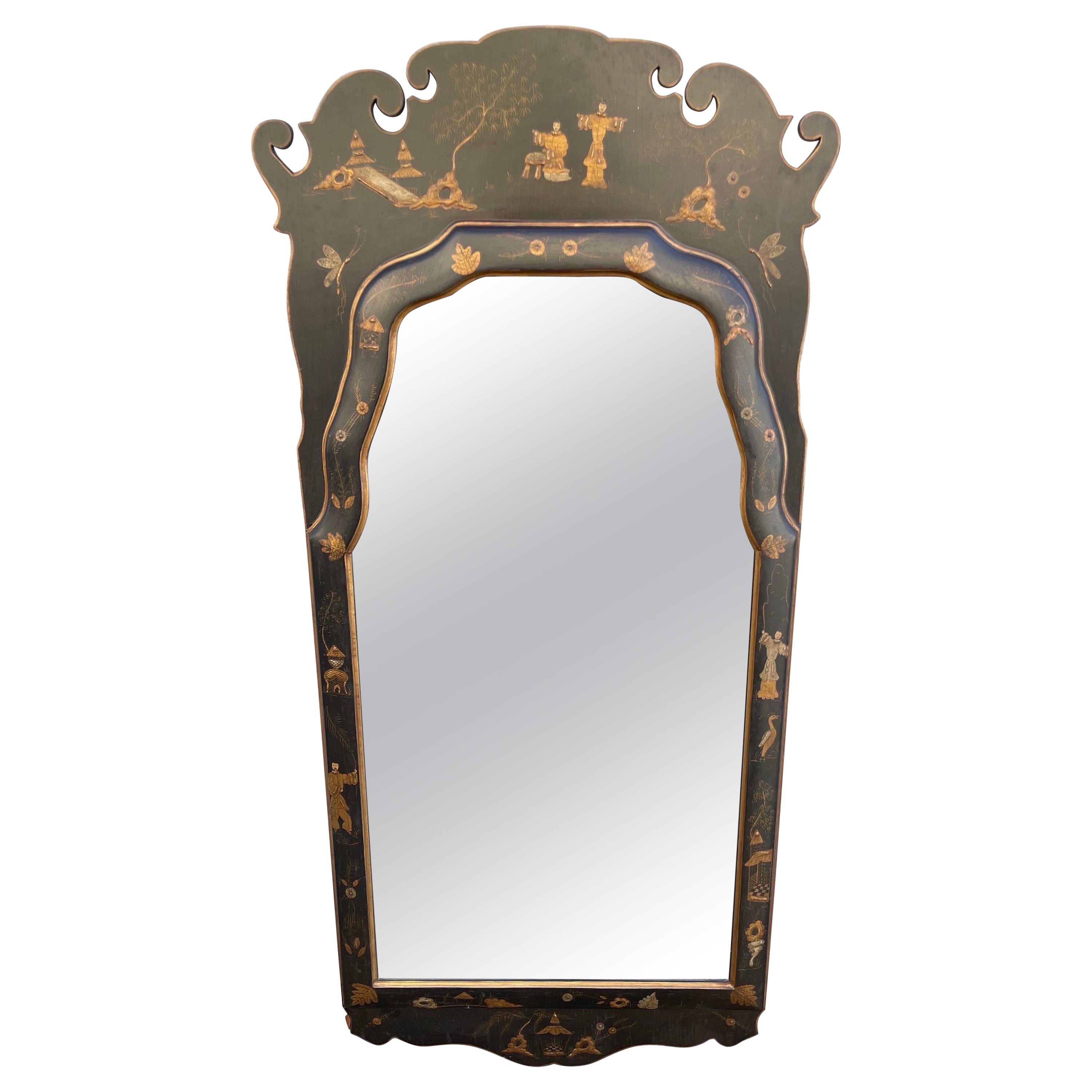 Hand Painted Italian Chinoiserie Black & Gold Mirror For Sale
