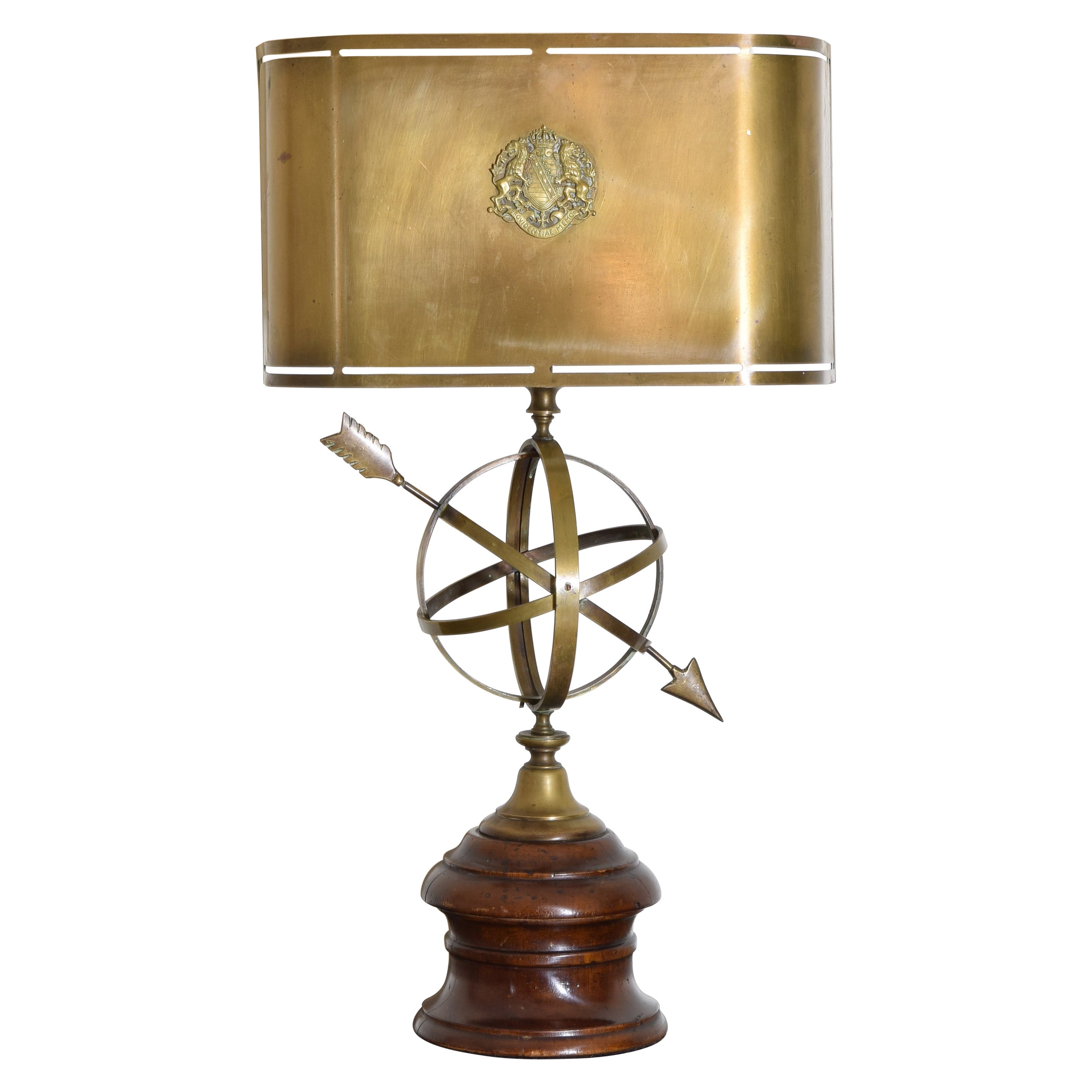 Early 20th Century Sundial Lamp with a Heraldic Coat of Arms Brass Shade For Sale