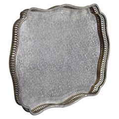 Vintage Moroccan Rococo Style Engraved Silver Plate Serving Tray, Pierced Gallery ca1900