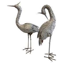 Retro Mid Century Modern Pair of Silver Metal Crane, Bird Peacock Sculptures