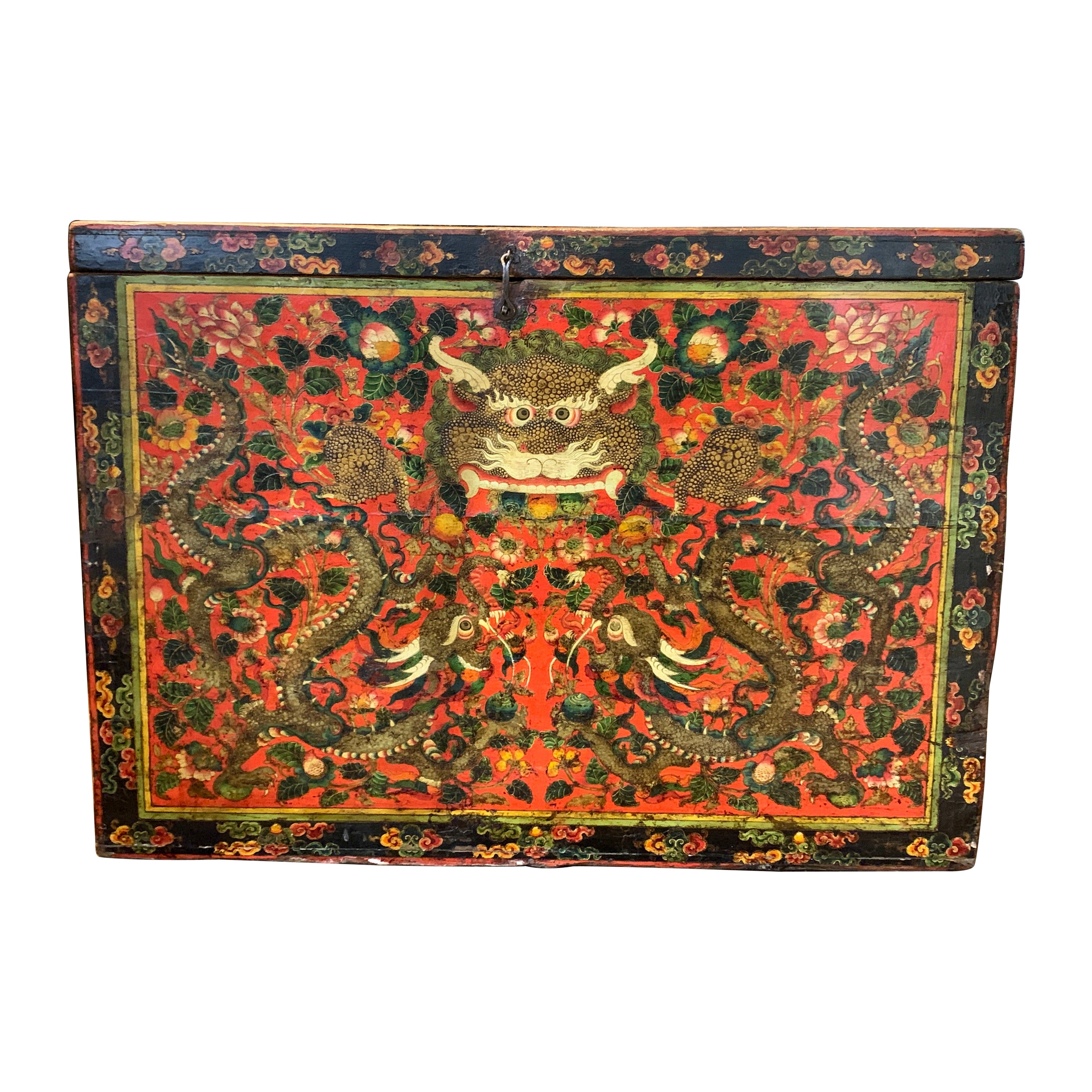 Large Tibetan Red Painted Storage Trunk with Kirtimukha, circa 1900, Tibet For Sale