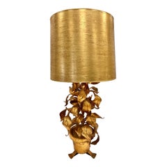 Large Italian Gilt Tole Leaf Lamp with Gold Shade