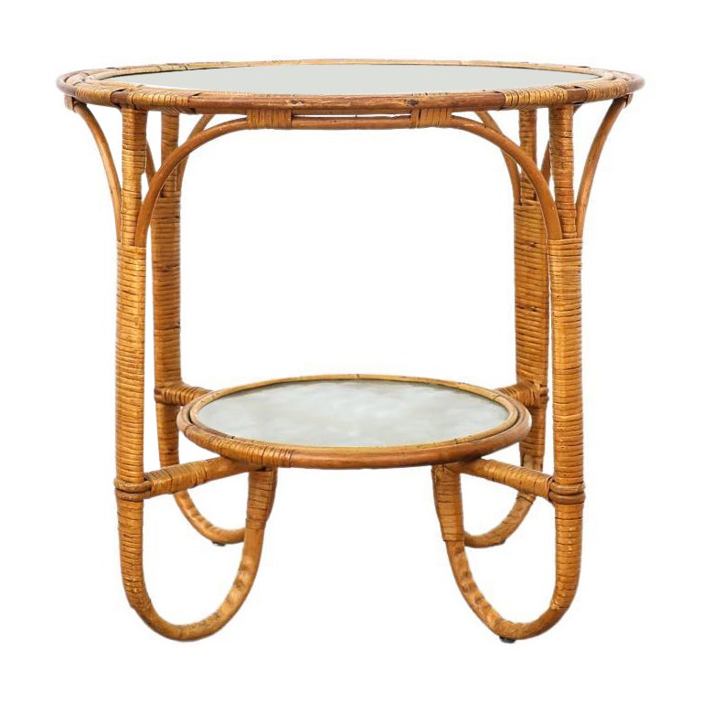 Mid-Century Albini Inspired Two Tiered Bamboo Side Table w/ Inset Textured Glass