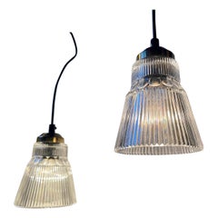 A pair of Vintage Scandinavian Pendant Ceiling Lights in Glass and brass