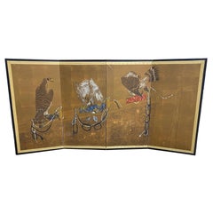 Japanese Asian Four-Panel Folding Byobu Showa Hunting Hawks Falcons Bird Screen