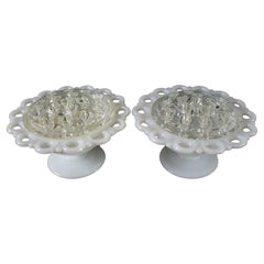 Pair Open Lace Milk Glass Rose Bowls with Clear Frogs, U.S., Mid 20th Century