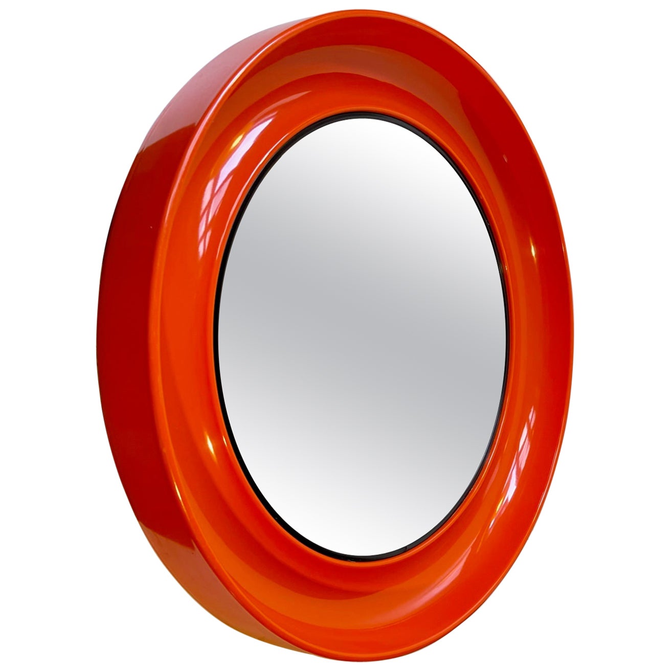 Round Orange Space Age Wall Mirror, Danish 1970s For Sale