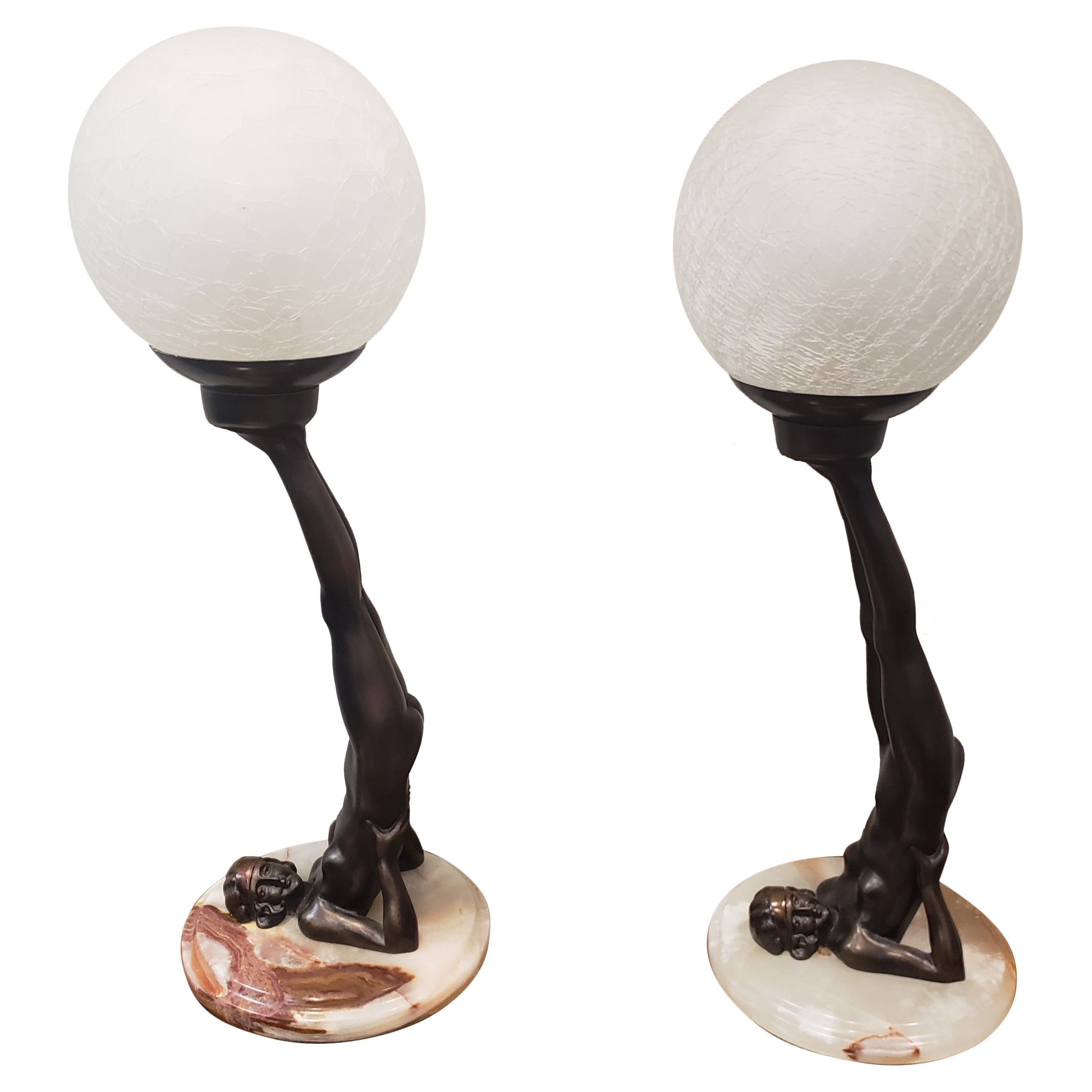 Art Deco Table Lamps Reversed Nude with Globe, Pair