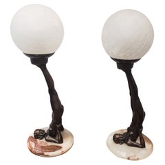Max Le Verrier Clarté Art Deco Style Table Lamps Reversed Nude with Globe, Pair