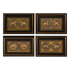 Antique Set of 4 Burmese Kalaga Tapestry in Golden Frames, Burma, 19th Century