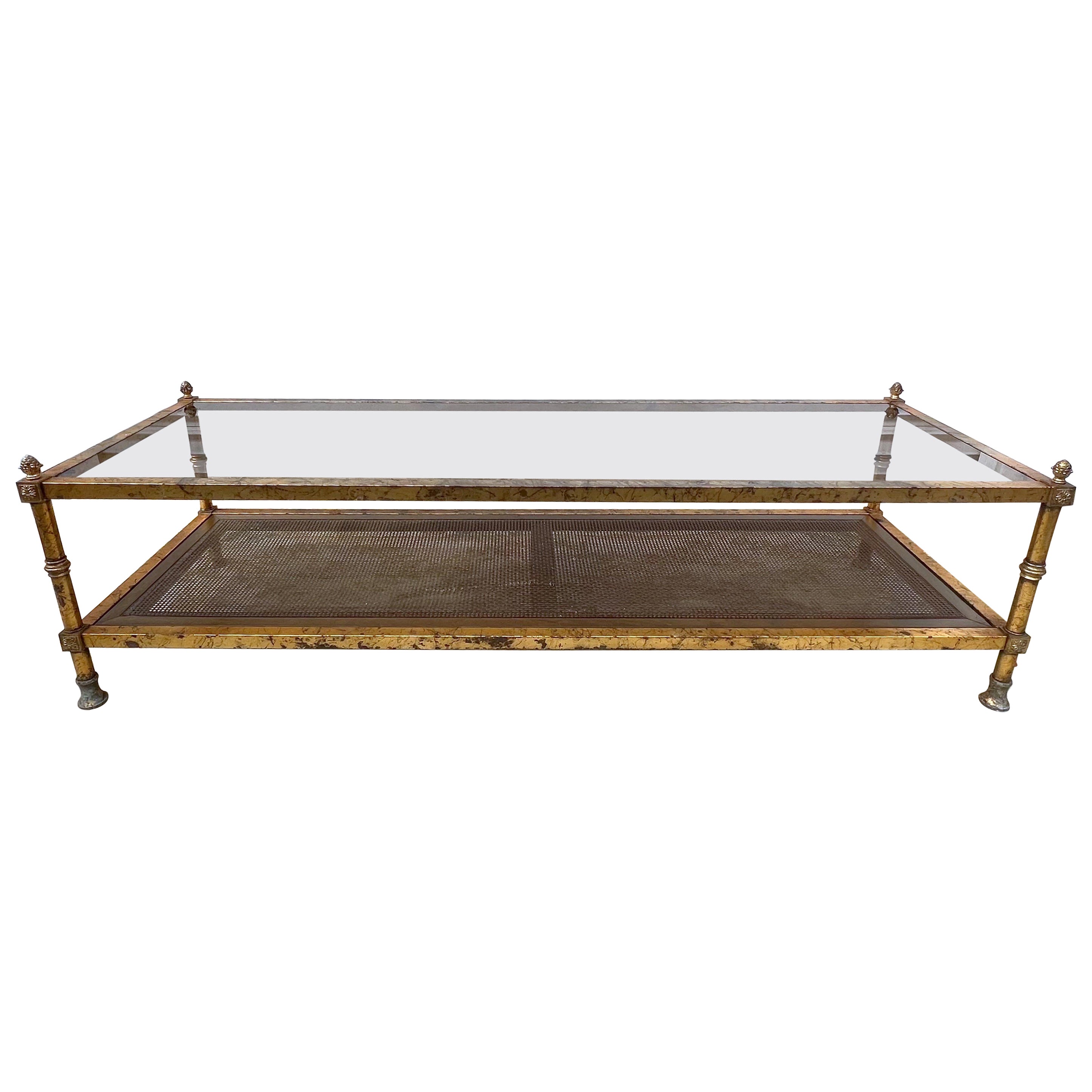 1970’s hollywood regency metal and cane rectangular coffee table