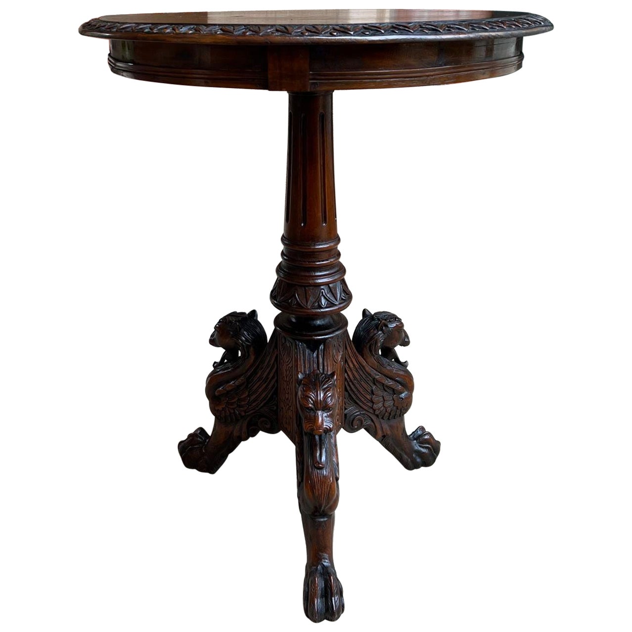 Antique French Carved Round End Table Neoclassical Walnut Tripod Gueridon For Sale