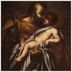 17th Century Oil on Canvas Italian Religious Painting Saint Joseph with Child