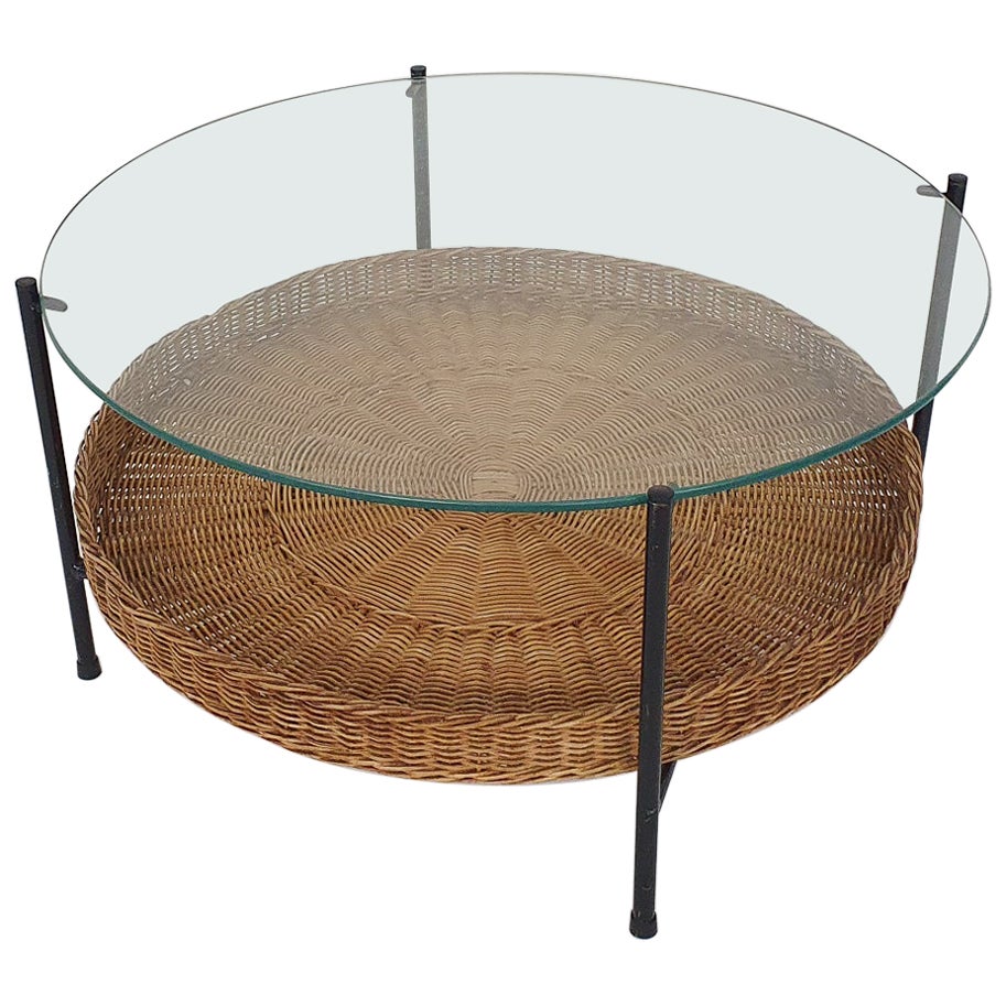 Glass and Rattan Coffee Table in the Manor of Rudolf Wolff for Rohe Noordwolde For Sale