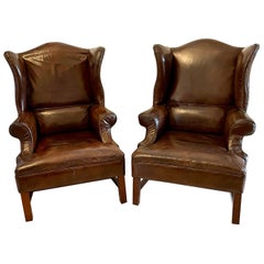 Large Pair of Antique Quality Brown Leather Wing Chairs