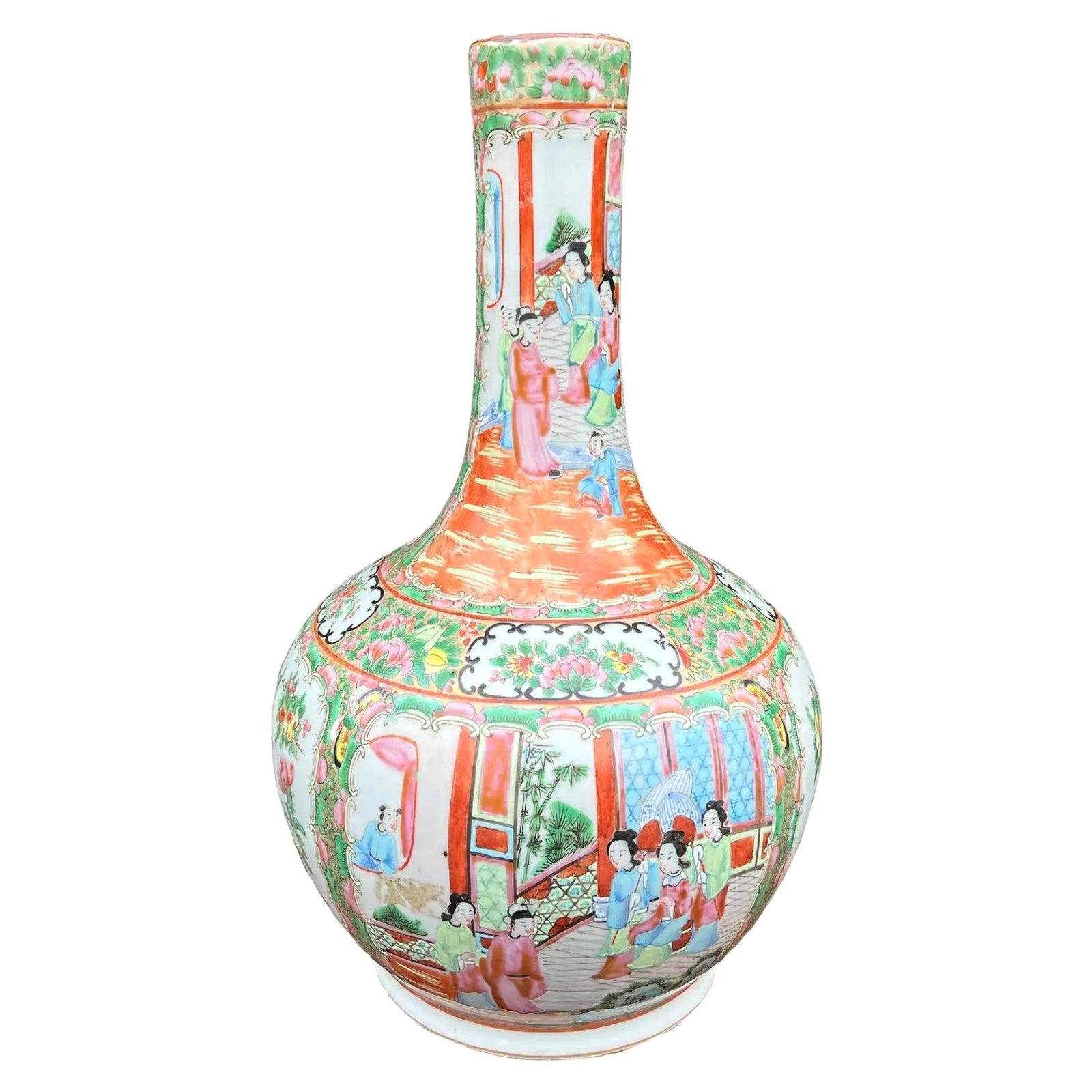 Antique Chinese Pottery Rose Medallion Bottle Vase, Early 19th Century