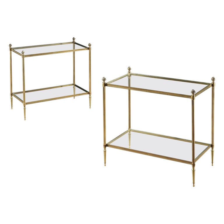 Pair of Brass and Glass Antique Two Tier Sofa Tables For Sale at 1stDibs