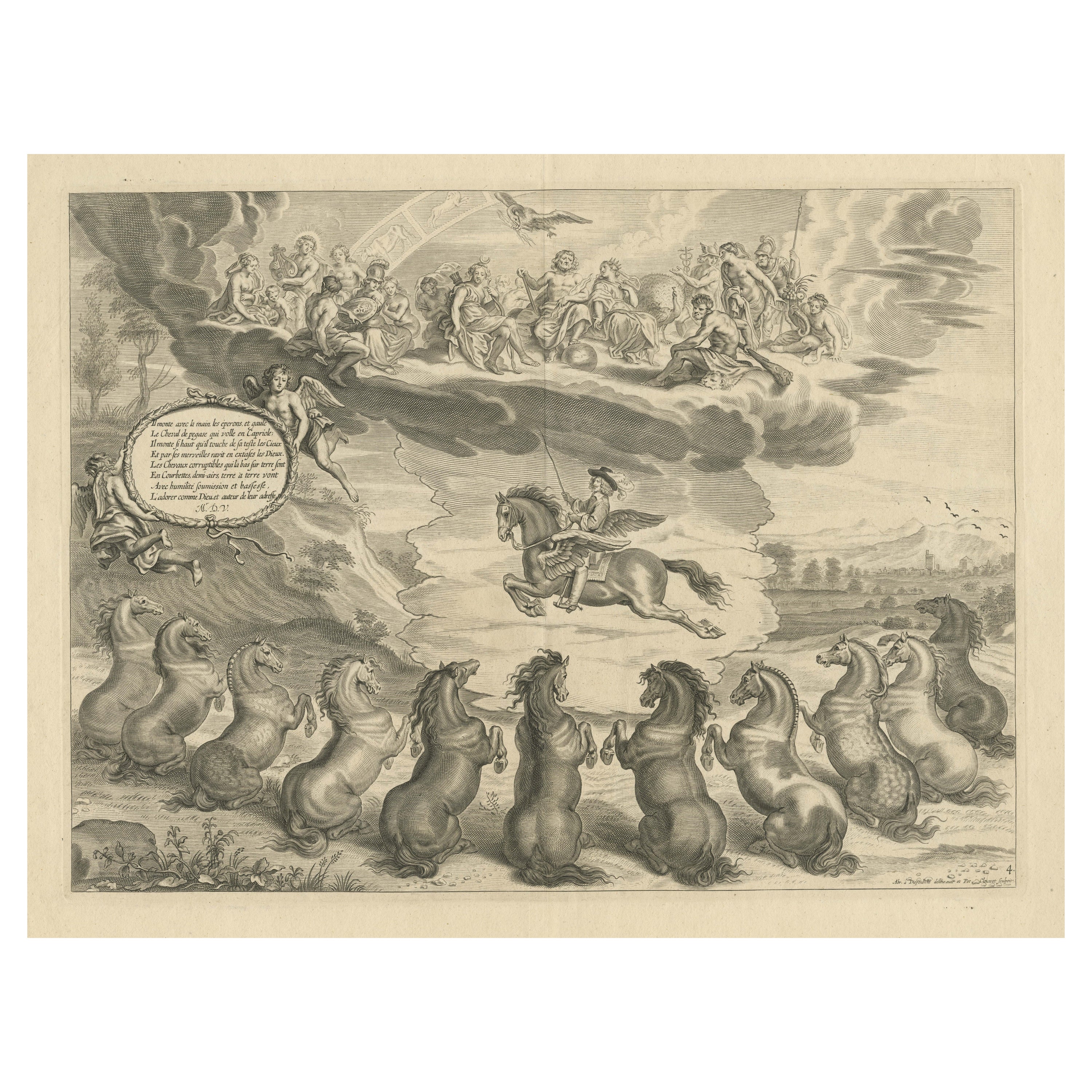 Antique Print of William Cavendish on the Winged Horse Pegasus