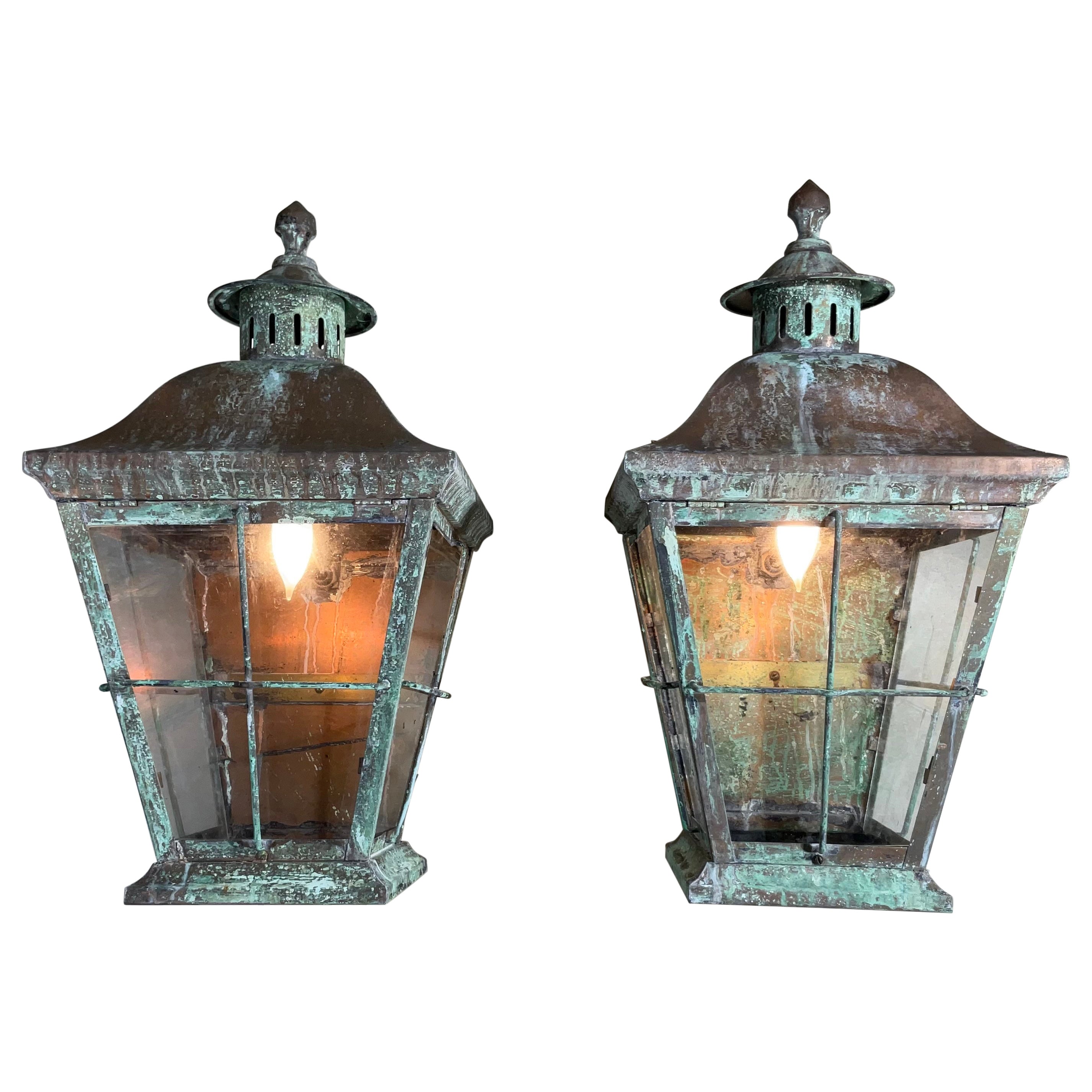 Large Pair of Vintage Handcrafted Wall-Mounted Solid Copper and  Brass Lantern