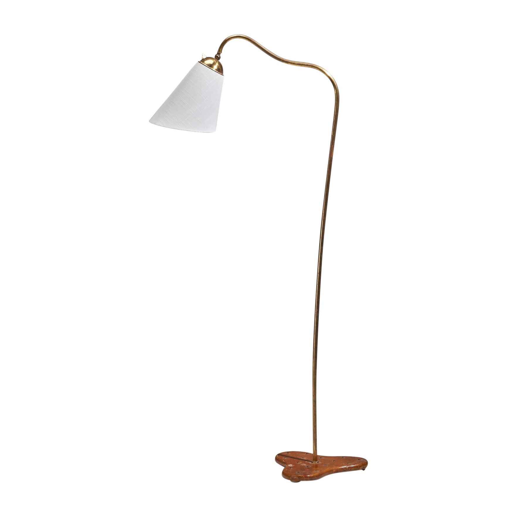 Böhlmarks Attribution, Adjustable Floor Lamp, Brass, Wood, Fabric, Sweden, 1930s For Sale